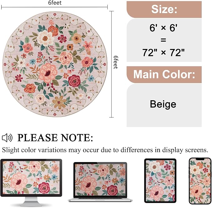 DUKINO 6ft Round Rug, Soft Washable Circle Rug for Bedroom Non Slip, Beige | Low Pile, Stain Resistant Indoor Rug for Living Room, Dining Room, Kids Room, Office, Pet Friendly, Home Decor, Non-Shedding