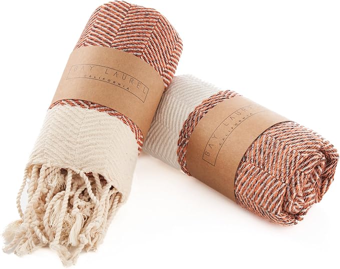 BAY LAUREL Turkish Hand Towel – Pack of 2 | Soft & Absorbent Decorative Towels for Bathroom, Hand, Face, Hair, Gym, Yoga, SPA, Kitchen & Tea | Boho Decor (Orange, Herringbone 15x26 Inches (Set of 2)