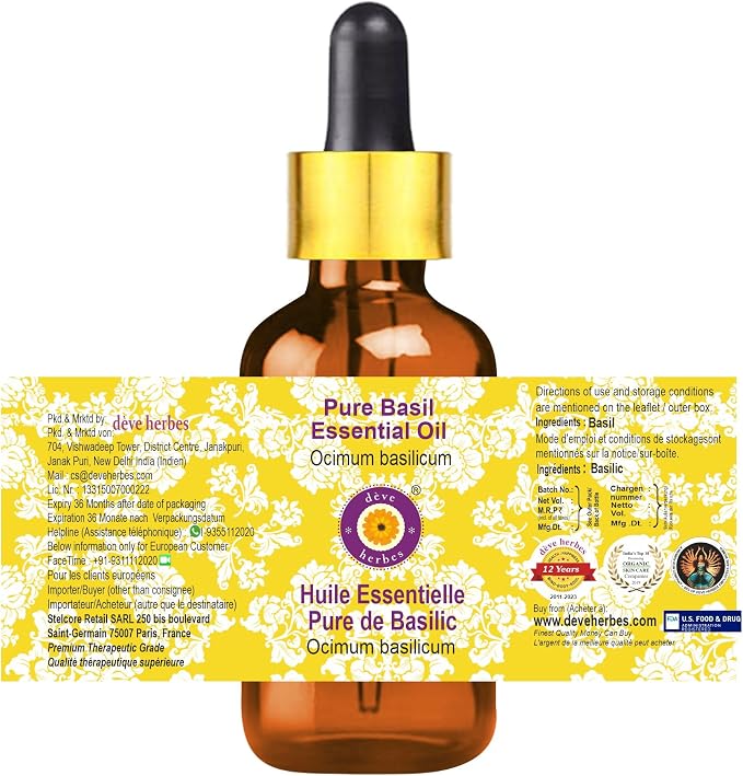 Deve Herbes Pure Basil Essential Oil (Ocimum basilicum) with Glass Dropper Steam Distilled (Pack of Two) 100ml X 2 (6.76 oz)