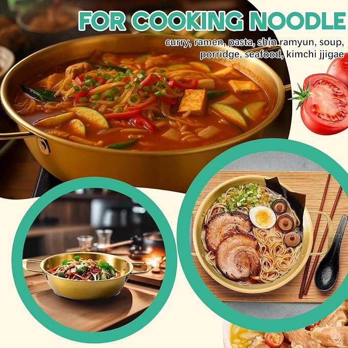 Patelai 4 Pack Korean Ramen Noodle Pots, Golden Stainless Steel Korean Cooking Pots with Double Handle, Fast Heating Pot for Soup, Noodles, Pasta, Kitchen & Outdoor Use, Sizes 7.1", 8.7", 9.5", 10.2"