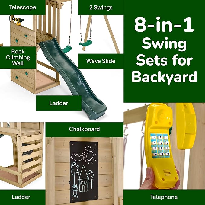 Plum Wooden Swing Sets for Backyard with Slide, Outdoor Toddler Playground Playsets, Monkey Bars, Jungle Gym for Kids, 2 Swings, Rock Climbing Wall, Telephone, Chalkboard, Sturdy, Weatherproof, Age 3+