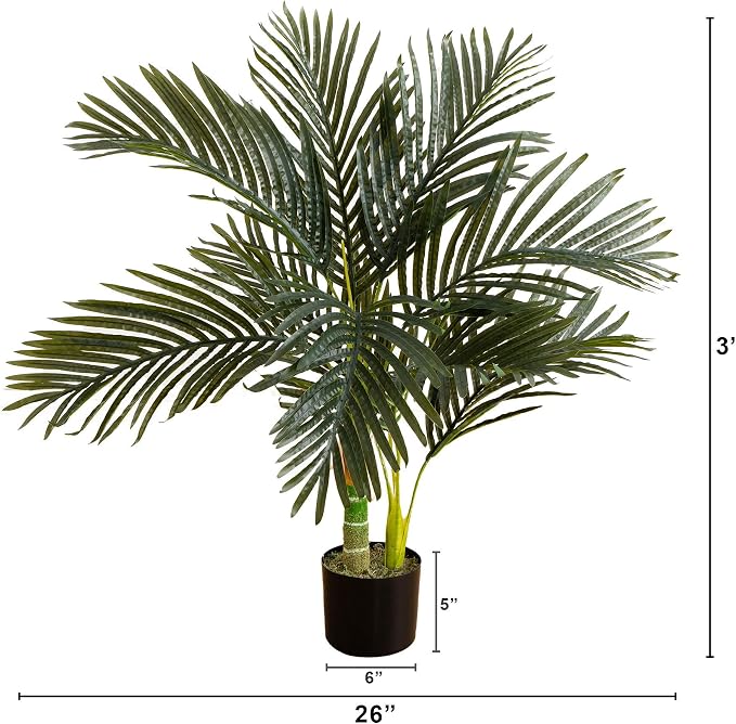 Nearly Natural 3ft Golden Cane Palm Tree - Artificial Tropical Tree with Realistic Green Fronds and Bamboo-Like Trunk, Includes Nursery Planter for Indoor Décor
