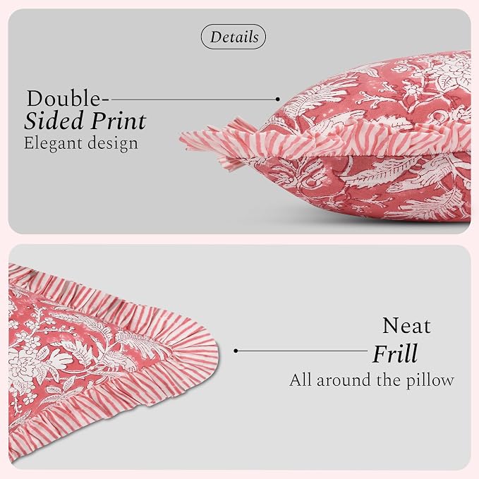 CPC Block Print Ruffle Throw Cover Pink Coral 16"x16" Inch Pack of 2-100% Cotton Ruffle Couch Decorative Boho Pillows Case for Living Room, Bedroom, Sofa, Farmhouse Gift for Spring, Mother's Day