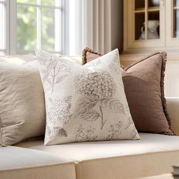 Set of 2 Decorative Floral Pillow Covers 16x16 Inch Light Camel | Neutral Hydrangea Print, Boho Vintage Throw Cushion Covers, Cottagecore Home Decor, for Sofa Couch Porch Bedroom Living Room