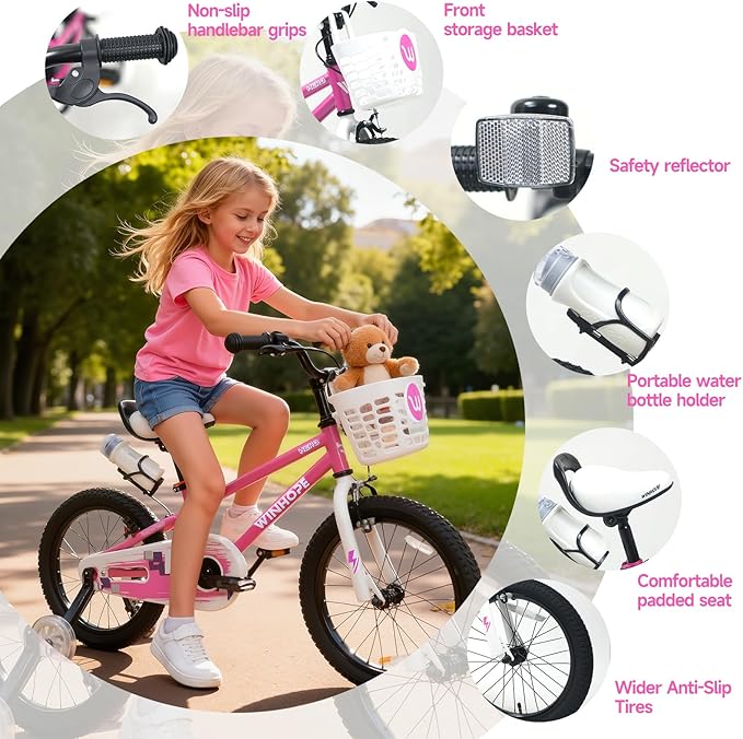 WinHope Kids Bike, 12-18 Inch Toddler Bicycle with Removable Training Wheels and Dual Brakes, Children Bike for Beginner with Adjustable Seat and Headlebar for 2-9 Years Boys Girls, Multiple Colors