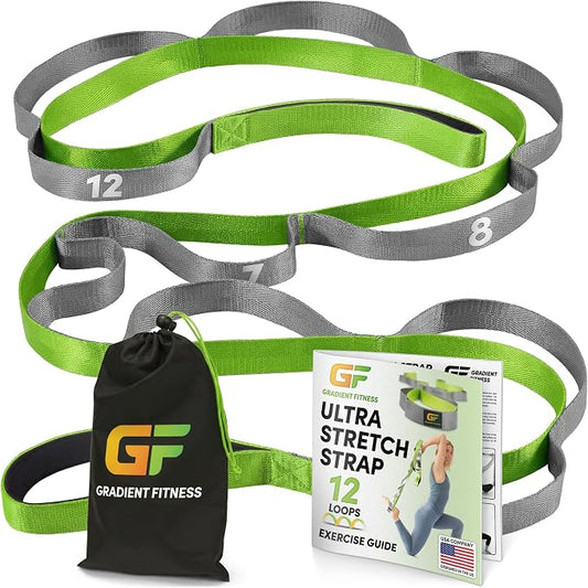 Gradient Fitness Stretching Strap for Physical Therapy, 12 Multi-Loop Stretch Strap 1" W x 8' L, Neoprene Handles, Physical Therapy Equipment, Yoga Straps for Stretching, Leg Stretcher.