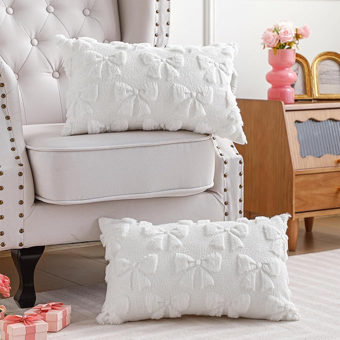 Mixweer Cream White Bow Pillow Covers Set of 2 Preppy Room Decor Coquette Cute Spring Summer Decorative Faux Fur Soft Bowknot Stuff Fluffy Plush Aesthetic Pillowcase for Bed Sofa Couch (12 x 20 Inch)