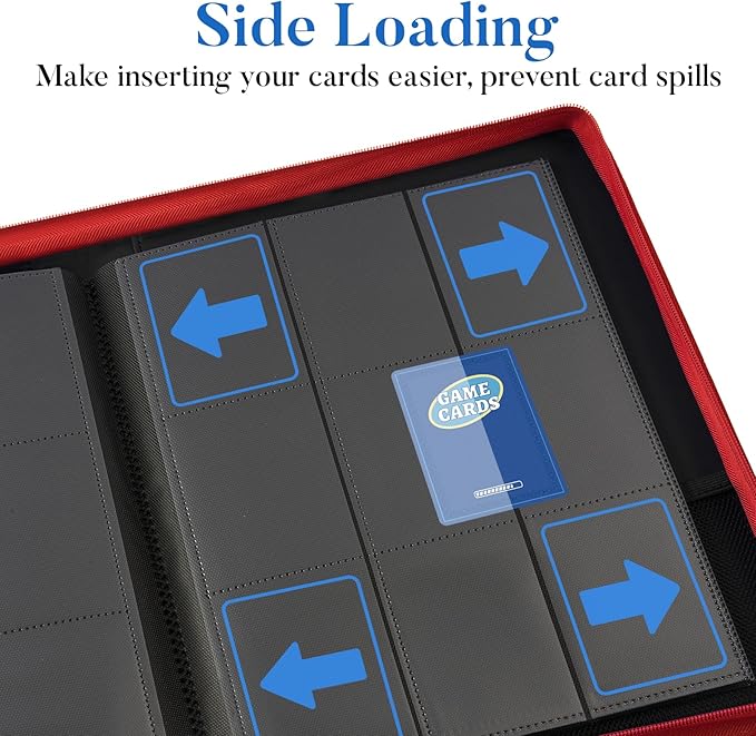 Premium Zip Card Binder, Fabmaker 9 Pocket Trading Card Binder, PU Cover Zipper Card Collection Album, Sturdy 360 Side-Loading Card Folder Holder for Game & Sports Cards, Red