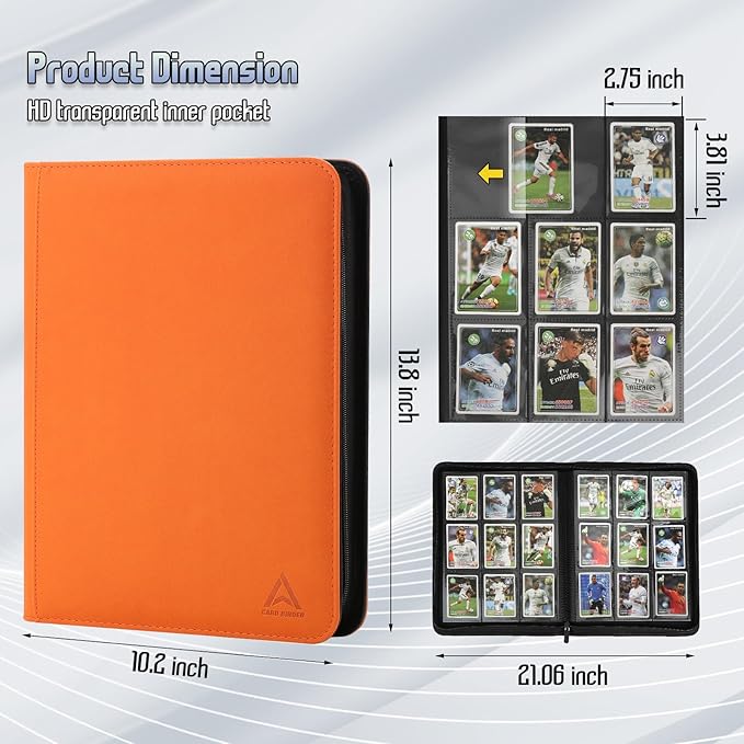 Arkeiliy Card Binder 9 Pocket, Double Sided Pockets Trading Card Binder with 30 Sleeves, Premium Zip Trading Card Holder Collector Album Holds 540 MTG (orange)