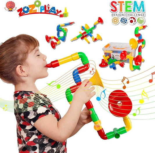 ZOZOPLAY STEM Toys Tube Locks, 72 Piece Tubular Pipes & Spouts & Joints & Whistles & Trumpet Toy, Learning Educational Building Block Set with Whistles Gift for Boys Girls
