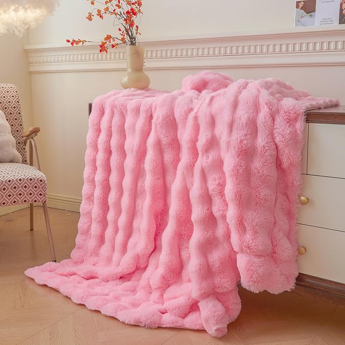 LIFEREVO Luxury Fluffy Faux Rabbit Fur Throw Blanket 60x80, Pink | Plush Fuzzy Bubble Lap Throw for Couch Sofa Office, Soft Cozy Furry Bed Blanket Home Decoration, Washable & Skin-friendly