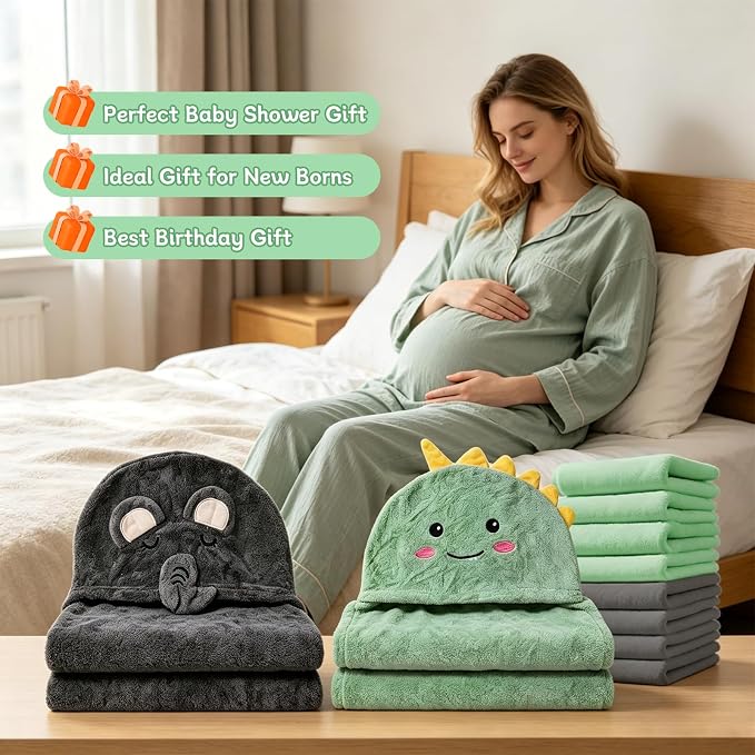 10 PCS 55in*27.5in Cute Baby Towels Set, 2 PCS Soft Baby Hooded Towels & 8 PCS Washcloths, Baby Bath Towels for Newborns, Infants & Toddlers, Ultra Absorbent, Cute Baby Towel Gift for Boys & Girls