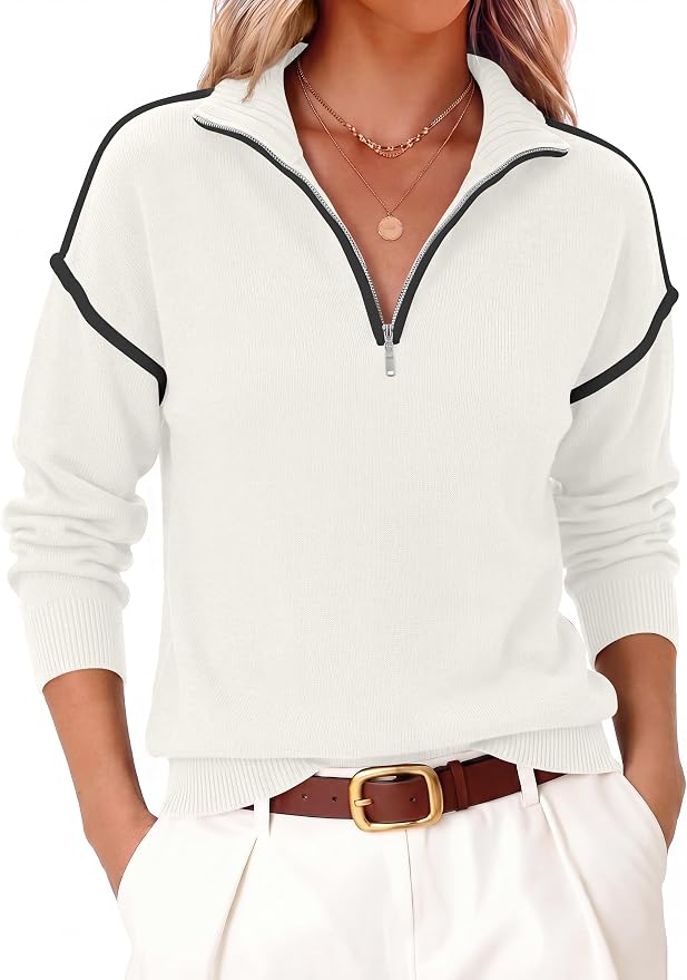 ANRABESS Womens Quarter Zip Sweaters Fall Long Sleeve V Neck Shirts Collared Business Casual Tops Knit Pullover Sweatshirts
