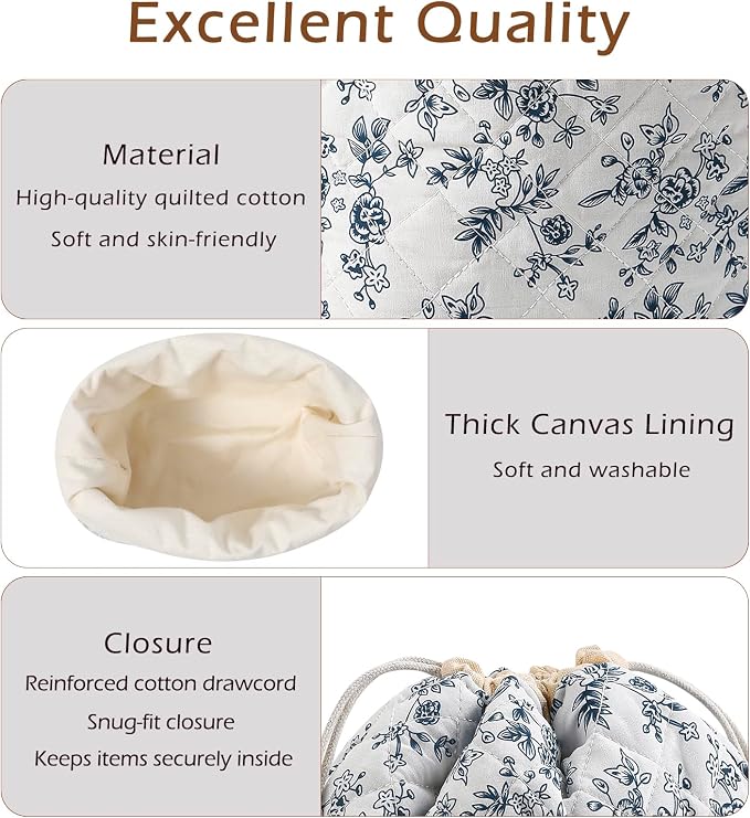 uekeboag Cotton Quilted Drawstring Makeup Bag with Canvas Lining,Coquette Aesthetic Cute Travel Toiletry Bag,Drawstring Gift Bag for Women and Girls（16Dark Blue）