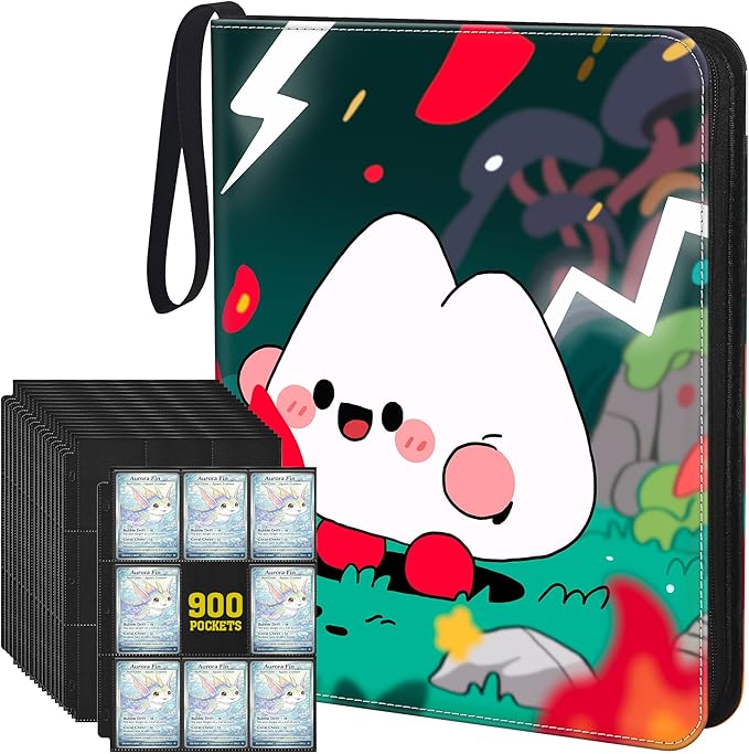 Trading Card Binder, 900 Pockets, 50 Sheets 9-Pocket, Refillable 3-Ring, Fits 2.5" x 3.5" Cards, Acid-Free PVC-Free Pages, Zip PU Cover with Strap, for TCG & Sports Cards – Campfire Design