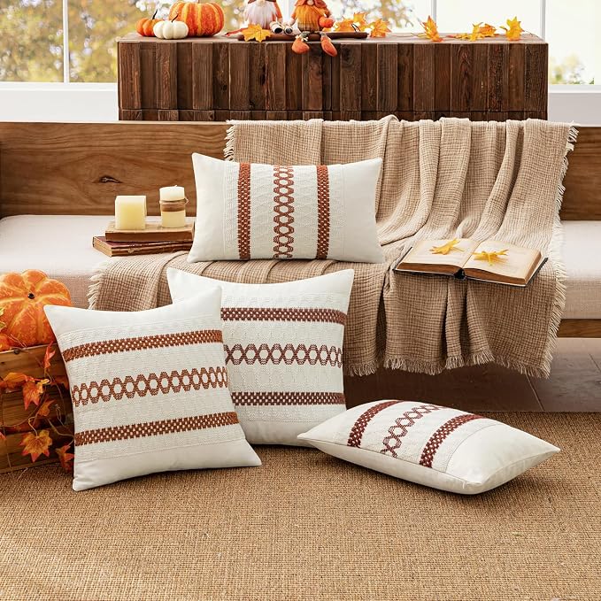 MIULEE Set of 2 Fall Burnt Orange Decorative Pillow Covers 18x18 | Farmhouse Boho Couch Throw Pillows, Modern Cotton Cushion Covers, Macrame Woven Home Decor for Bed Sofa Chair