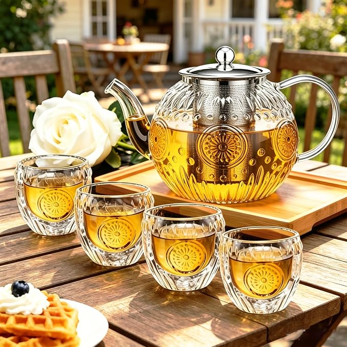 Amzcku 50OZ/1500ml Vintage Glass Teapot Set with 4 Cups, Teapot Set with Removable Infuser Stovetop Safe, Borosilicate Glass Tea Kettle for Blooming & Loose Leaf Tea