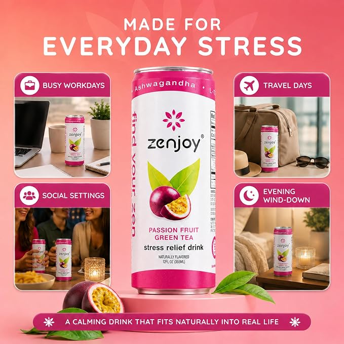 Zenjoy Adaptogen Drink Stress Relief Tea | Non Alcoholic Calming Drink w/Ashwagandha, Lemon Balm & L-Theanine for Focus | Stress Tea Calming Social Mocktail with Adaptogens (12 Pack, Passion Fruit)