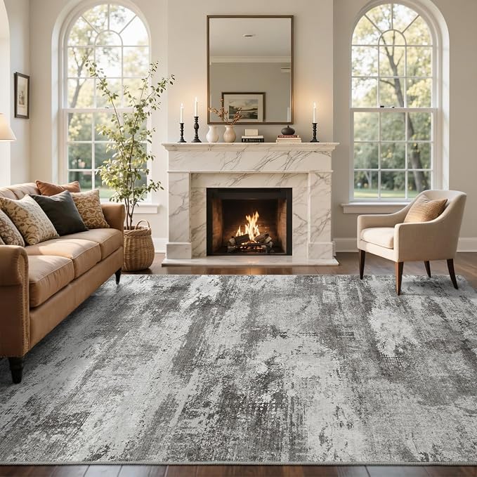 9x12 Ft Extra Large Washable Area Rugs for Living Room, Soft Non-Slip Modern Abstract Print Pattern Carpet for Bedroom Indoor Floor Nursery Home Decor (Grey)