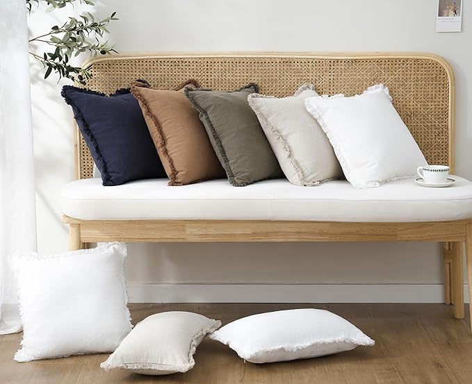 Foindtower Set of 2 Decorative Linen Fringe Throw Pillow Covers Cozy Boho Farmhouse Cushion Cover with Tassels Soft Accent Pillowcase for Couch Sofa Bed Living Room Home Decor,18×18 Inch,White