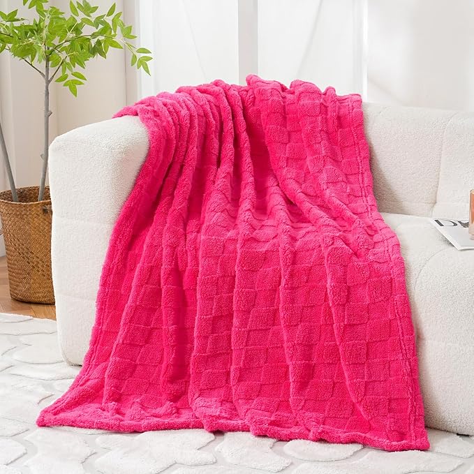 Hot Pink Fleece Throw Blanket 50”×60”Checkered Design for Couch | Super Soft Cozy Plush Microfiber 3D Square Pattern Flannel Blanket for Sofa Bed Lightweight for Adults,Women