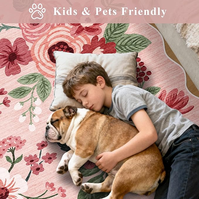 DUKINO 3x5 Area Rugs, Non Slip Floral Washable Rug for Bedroom, Pink | Soft, Low Pile, Non-Shedding Throw Rugs for Living Room, Entryway, Kitchen, Kids Room, Pet Friendly, Home Decor, Lightweight