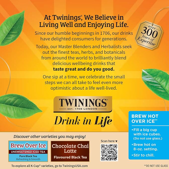 Twinings Chai Latte Black Tea K-Cup Pods for Keurig, 22 Count (Pack of 1), Creamy, Slightly Sweet, Less Sugar, Caffeinated, Enjoy Hot or Iced