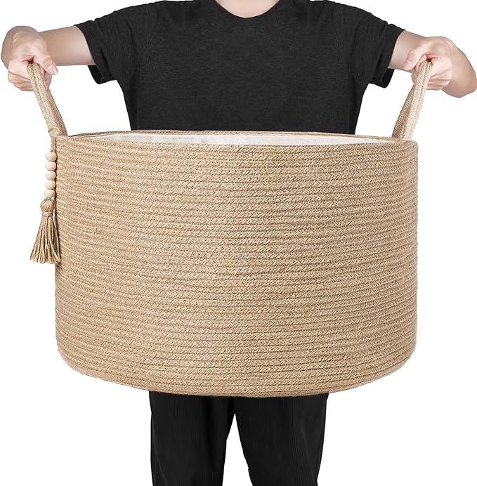 Mkono Woven Storage Basket for Blanket, Toys Plant Organizer, 22"W x 13.8"L | Brown, Jute, Decorative Basket with Handle, Wood Beads Tassel, Shoes Towel Clothes Storage Bin, Living Room Bedroom Nursery