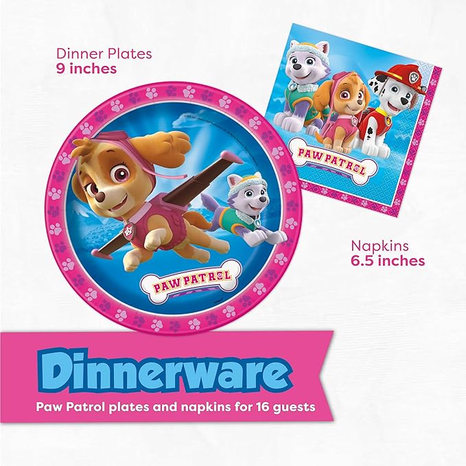 Skye Paw Patrol Birthday Decorations | Serves 16 | Pink Banner, Tablecloth, Balloons, Plates and Napkins, Temporary Tattoos, Sticker | Paw Patrol Party Decorations for Girls