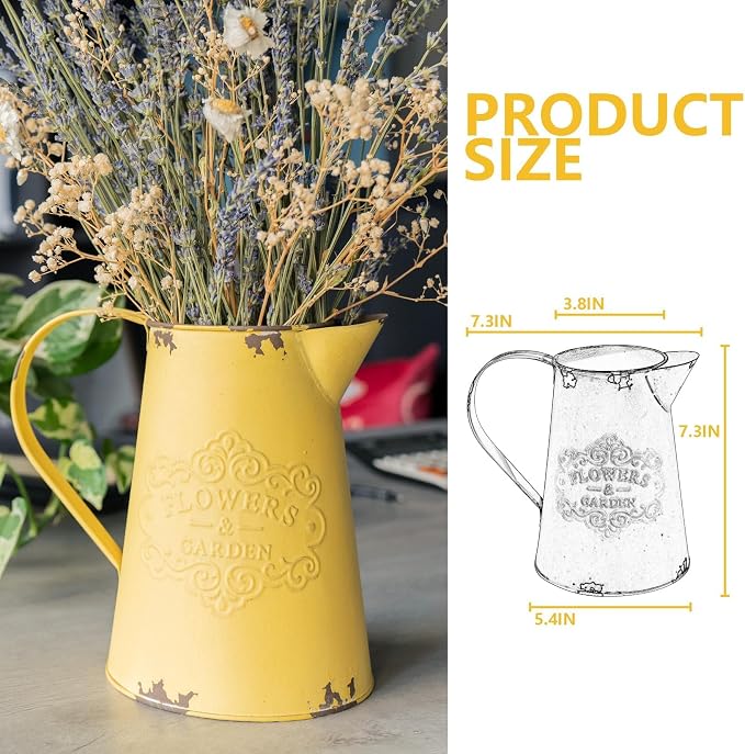 Yellow Metal Flower Vase Vintage Jug Pitcher Shabby Chic Decor Rustic Farmhouse Kitchen Decor for Home