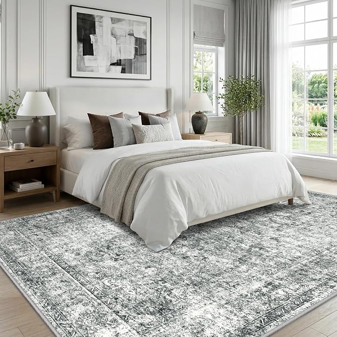 CAPALOCA 9x12 Washable Nursery Girls Low Pile Area Rug Grey | Non-Slip Soft Rugs for Bedroom Kids Playroom Living Room, Print Pattern Water Repellent Carpet Indoor Decor