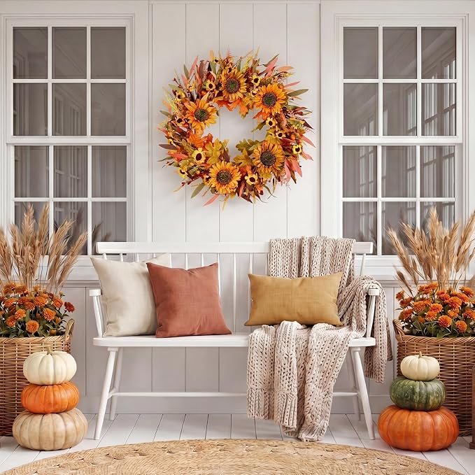 22" Fall Wreath Front Door Sunflower Artificial Wall Decor Farmhouse Autumn Wreath Thanksgiving Home Porch Outdoor Indoor Holiday Harvest Decor