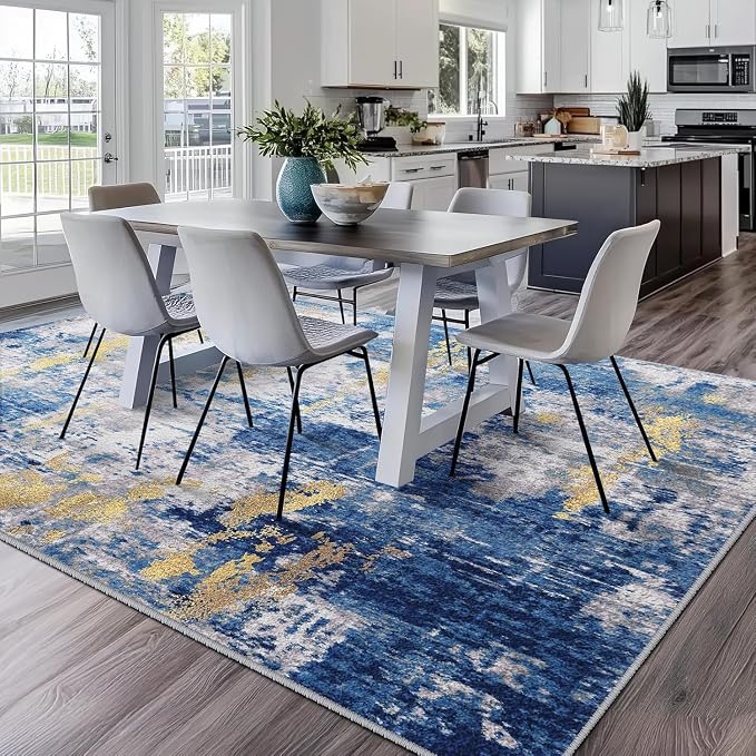 RELEANY Washable Square 6'x6' Area Rug for Living Room Blue Gold | carpet for bedroom, kitchen, office, hallway and entryway, printed pattern, non-slip, soft, stain-resistant, easy to clean