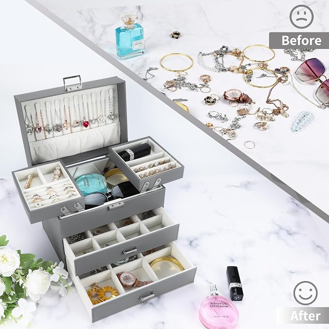 Jewelry Organizer Box, Large Jewelry Boxes for Women Girls, Space-Saving 4 Layers Jewelry Storage Case with Drawer, Movable Metal Stand, Modern, Gift Idea (Grey)