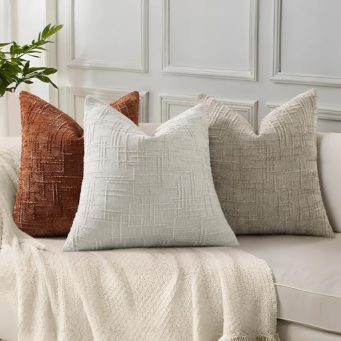 decorUhome Textured Chenille Throw Pillow Covers 24x24 Set of 2 Light Brown | Fall Modern Farmhouse Soft Cozy Slubby Couch Pillow Cases Boho Decorative Pillow Cases for Bed Sofa Living Room Home Decor