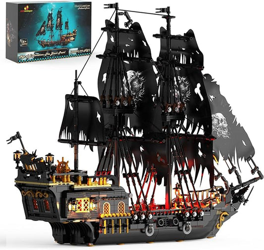 JMBricklayer Pirate Ship Building Toys with Lights, Pearl Pirate Ship Model Boat Kit 40002, Black Ship Toy Building Sets for Adult Teens 14+, Home Office Decor(1713 PCS) New Upgrade