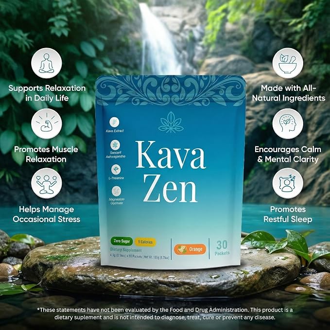 Kava Zen Calming Kava Drink Mix | 250mg Kava Extract (70% Kavalactones), L-Theanine, Sensoril Ashwagandha, Magnesium | Relaxation, Sleep Aid, Cortisol + Stress Support | No Sugar, Non-GMO | 30 Packs