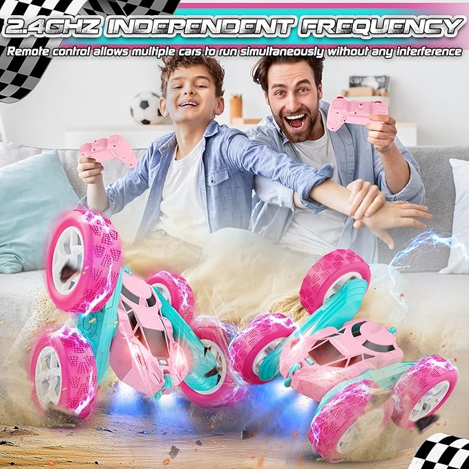 cosone Remote Control Car Pink RC Cars for Girls, RC Stunt Cars with 4WD Double-Sided Driving 360° Flips Rotating, Outdoor Toys for Kids Age 6 7 8 Valentines Day Gifts Birthday Gifts