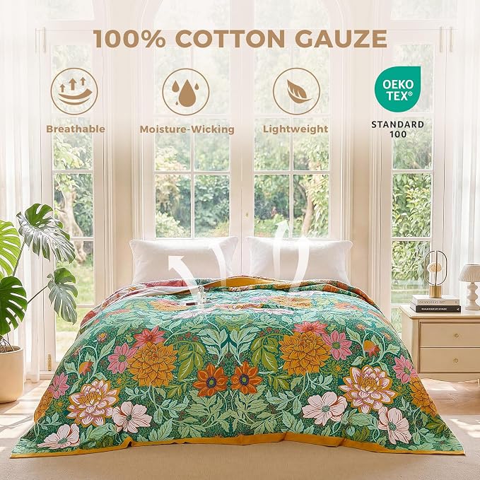 LUTBM Boho Throw Blanket for Couch 50"x60", Cotton Decorative Bed Throw | Green Reversible Floral Embroidery, All-Season Muslin Blankets, For Chair Sofa Bedroom Living Room Decor, Lightweight Gauze