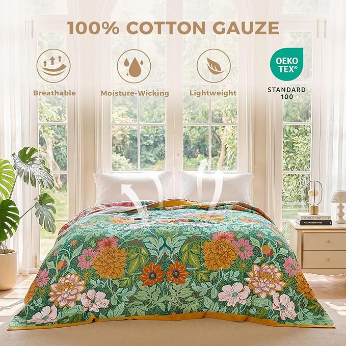 LUTBM Boho Throw Blanket for Bed 60"x80", All Season Cotton Couch Blankets | Green Reversible Floral Jacquard, Muslin Twin Quilt, For Chair Sofa Living Room Decor, Lightweight & Breathable 4-Layer Gauze