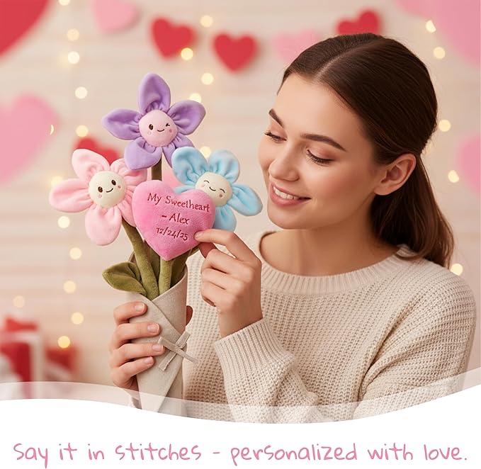 June Garden 17" Plush Flower Bouquet with Customizable Heart – 3 Soft Plush Flowers with Bendable Stems – Personalized Embroidered Gift for Valentine’s Day, Anniversary, Birthday, or Home Décor