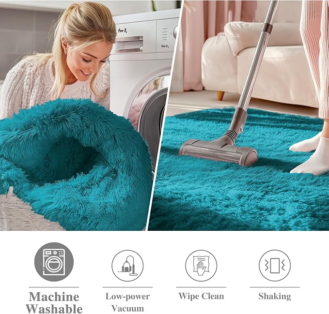 OLANLY Teal Round Rugs for Bedroom - Machine Washable, 3 ft Circle Area Rugs for Living Room, Soft and Fluffy Shaggy Carpet for Teen Girl and Boys, Nursery Rooms, Dorms, Home Decor Aesthetic