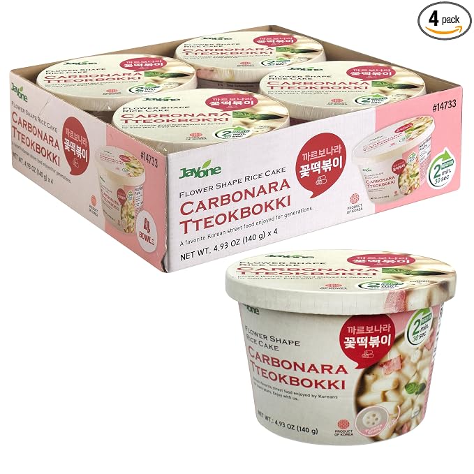 Jayone Cup Tteokbokki, Korean Rice Cake Street Food Snack, Quick & Easy to Cook, Microwavable, Creamy Carbonara Sauce (4 Cups)