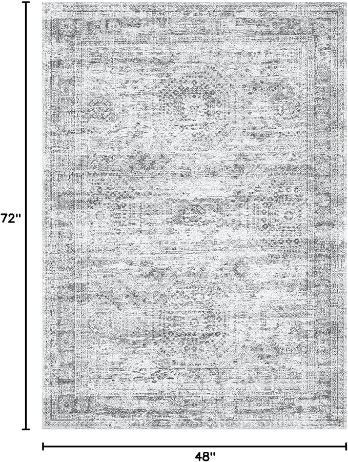 Soalmost 4x6 Area Rug for Living Room, Washable Rugs Non-Slip, Grey | Vintage Low-Pile Carpet for Dining Bedroom, Thin Foldable Stain Resistant Floor Mat Nursery Under Table Home Office Decor