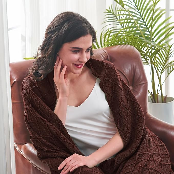 inhand Diamond Brown Knitted Throw Blanket for Couch and Bed, 50"x60" | Soft Cozy Knit Blanket with Tassel, Lightweight Decorative Blankets and Throws, Farmhouse Warm Woven for Men and Women