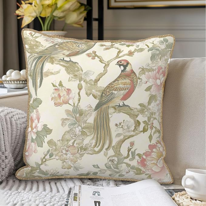 Vintage Cream Chinoiseriel Soft Velvet Throw Pillow Covers Set of 2 Bird Floral Flowers Leaves Decorative Pillow Covers 16x16 Inch Rustic Farmhouse Pillow Case For Sofa Couch Living Room Home Decor