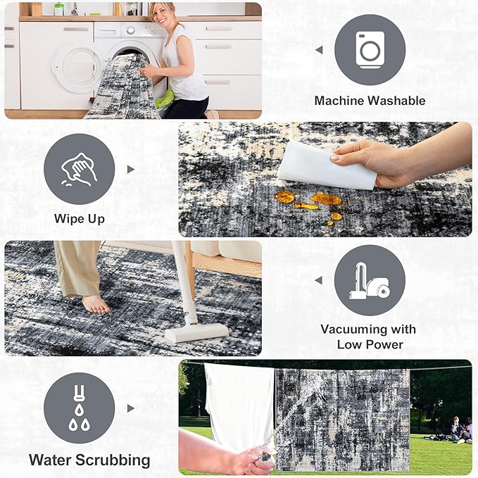 8x10 Area Rugs for Living Room - Washable Rug Modern Abstract Soft Large Neutral Non-Slip Carpet Indoor Floor Thin Carpets for Bedroom Dining Room Farmhouse Nursery Home Office Black Gold