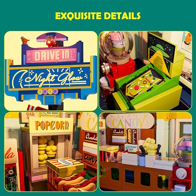 City Drive-in Theater Lighting-Building-Bricks-Set - Road Trip Night Glow Car Cinema Modular Collection LED Light Building Set 1760 Pcs for Adults, Teen and Travelling Enthusiasts