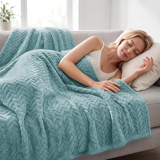 Exclusivo Mezcla Soft Fleece Bed Blanket Queen Size, 90”x90”, Celadon | Cozy Fluffy Lightweight Blankets for Summer, Decorative Plush Flannel Throws for Living room, Bedroom with Leaves Pattern