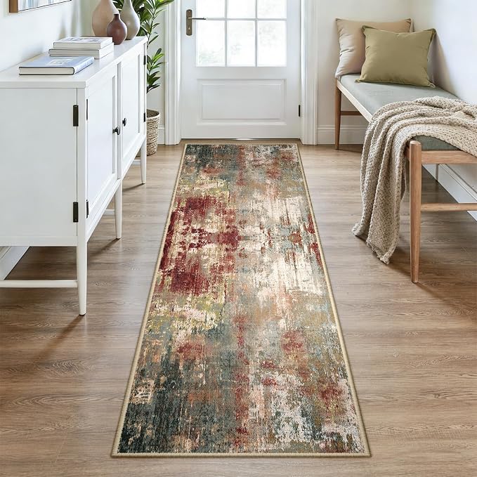 RELEANY Washable Runner 3'x8' Abstract Area Rug for Hallway Rustic Brown | carpet for kitchen, entryway, bathroom, living room, bedroom, printed pattern, non-slip, soft, stain-resistant, easy to clean